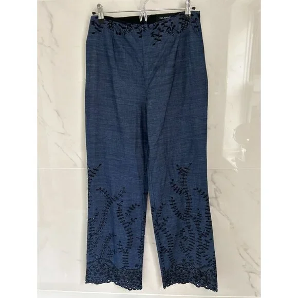 Yigal Azrouel Pants Lightweight Eyelet Trousers Blue Black Embroidery Size 6
